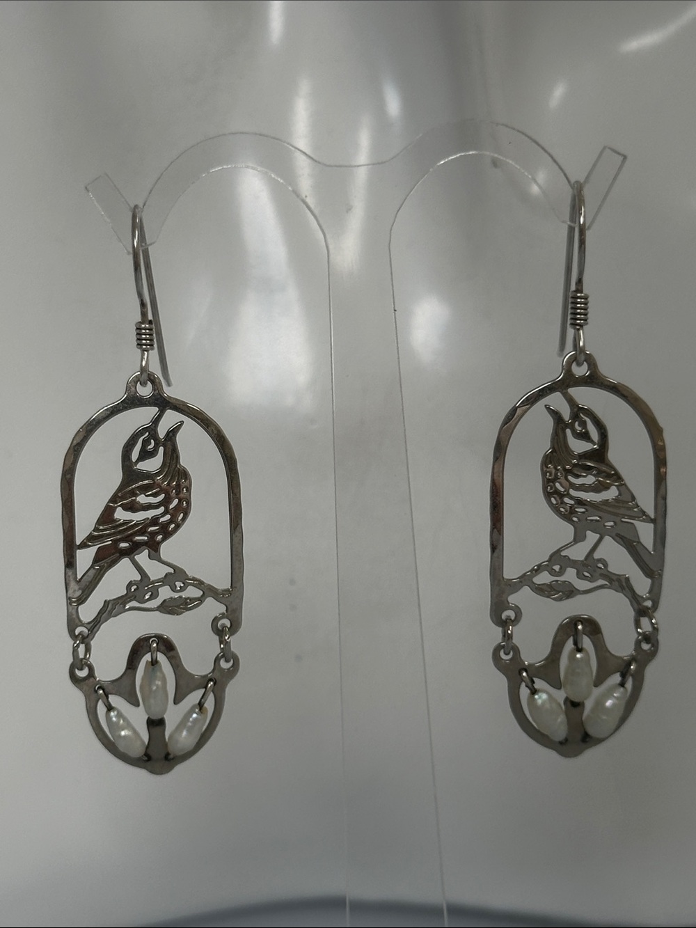 Vintage Sterling Silver Bird & Pearl Drop Earrings